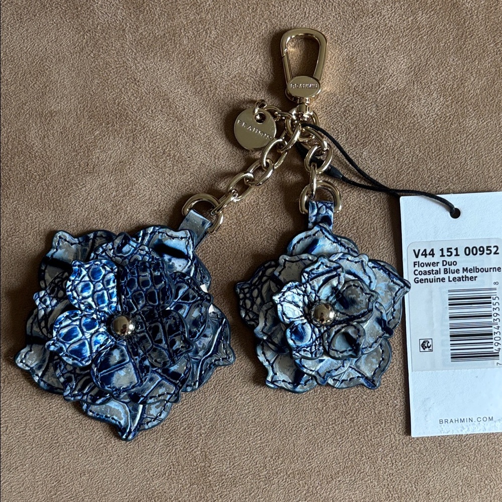 Brahmin Coastal Blue Melbourne Leather dual magnolias charm tassel fob NWT